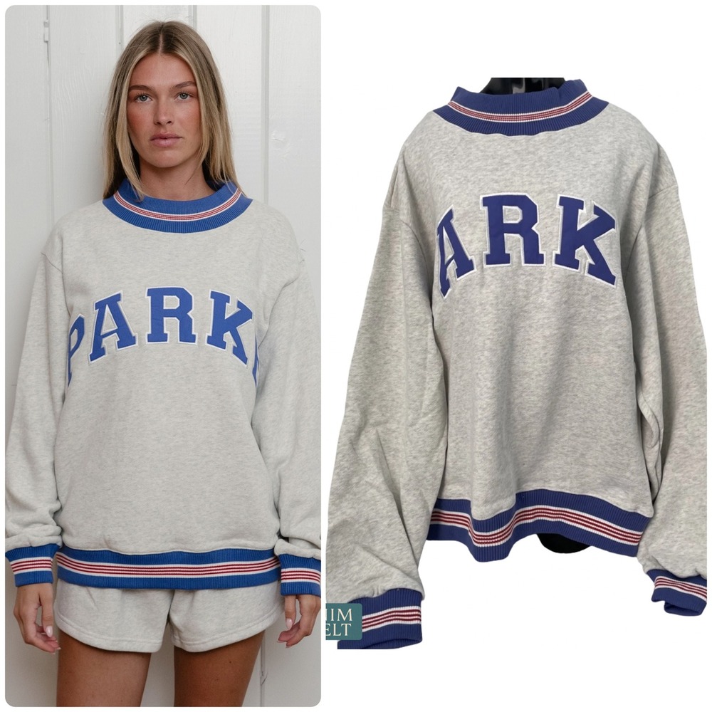 NEW Parke Boardwalk Varsity Mockneck Sweatshirt Grey Blue Red Oversized L/XL